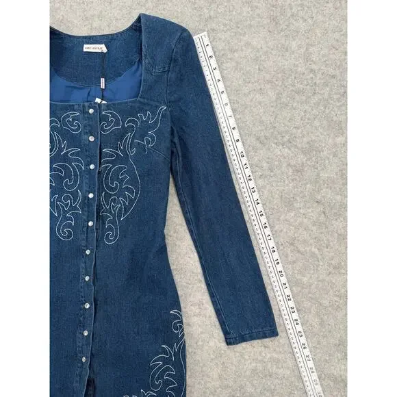 NWT Avec Les Filles Western Portrait-Neck Snap-Front Embroidered Denim Dress - Picture 2 of 11